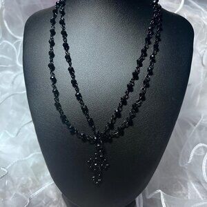 Black Beaded Layered Necklace • Rosary Style • Cross Pendant • Gothic Y2K